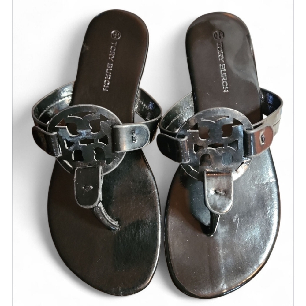 Tory Burch Miller Sandals Black Patent Leather 7.5 Designer Luxury Resort Y2K - Picture 7 of 8